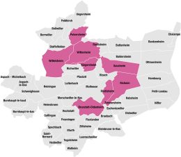 Carte des 8 déchetteries de la m2A disposant d’un conteneur de la Cité du Réemploi